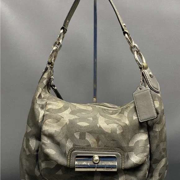 Coach Signature Op Art Hobo Shoulder Bag Grey Silver Metallic Fabric Leather - Picture 7 of 7